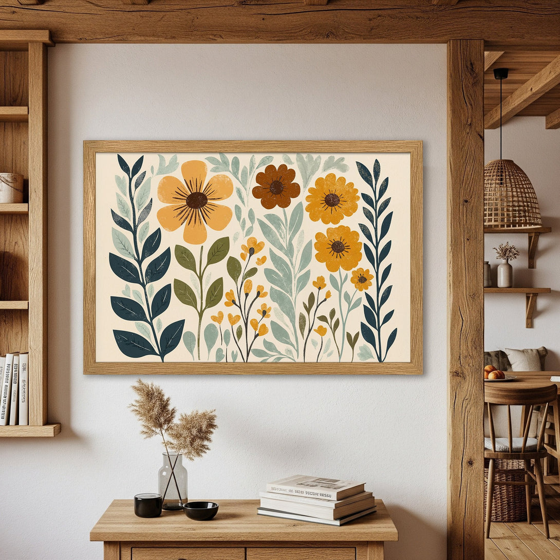 Framed Poster featuring floral art in a boho style with a warm, earthy color palette. Perfect wall decor for a cozy home.