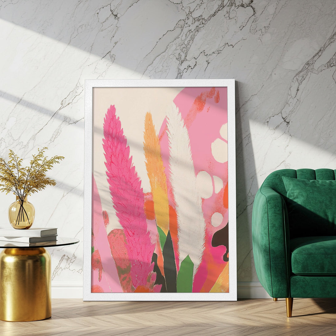 Framed Poster featuring abstract floral art in pink, orange, and white. Modern style and vibrant color palette for home decor.