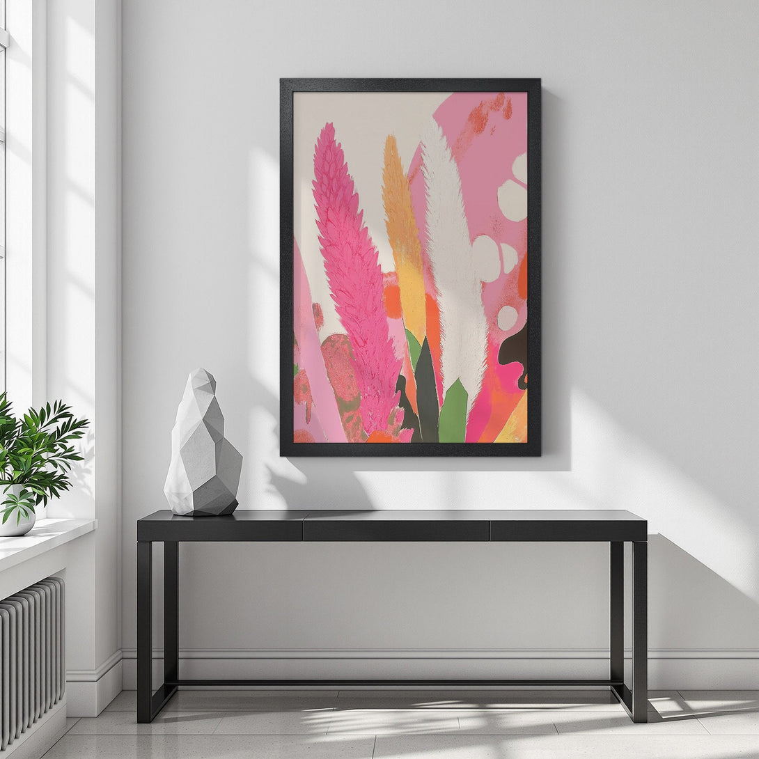 Framed Poster featuring abstract floral art in pink, white, and yellow. Perfect for modern home decor.