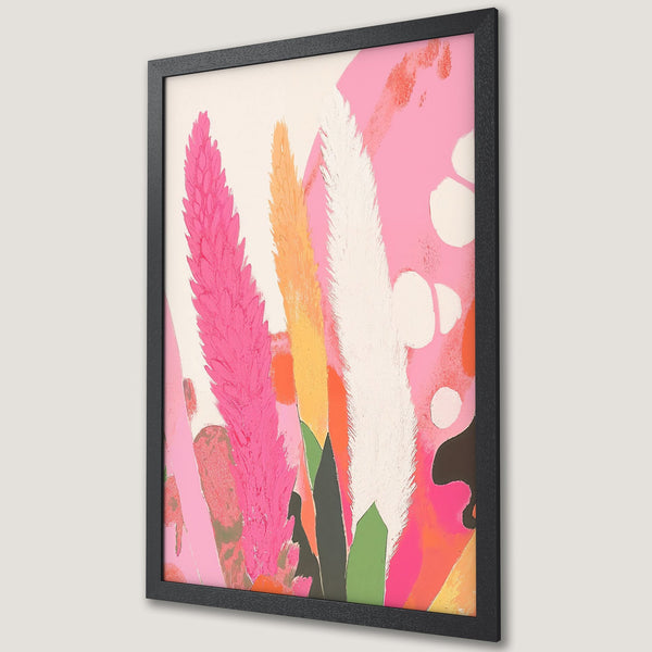Framed Poster featuring vibrant floral abstract art in pink, orange, and white. Modern, stylish wall decor for any space.