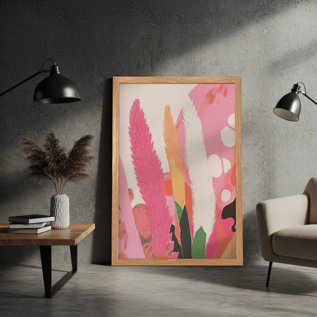 Abstract floral Framed Poster art in pink, orange, and white. Modern wall decor for a stylish home.