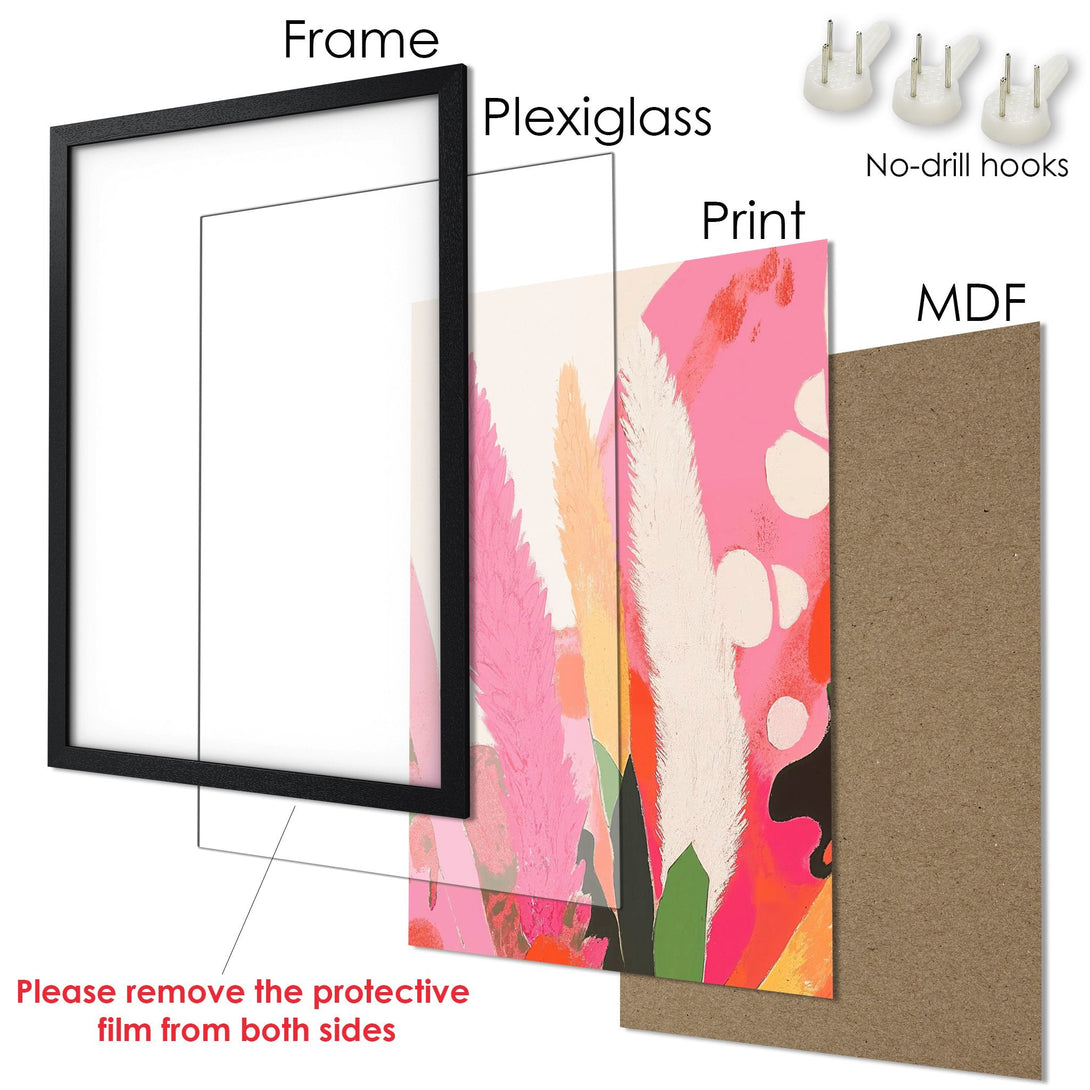 Framed Poster with abstract floral art in pink, orange, and white. Modern style, ready to hang.