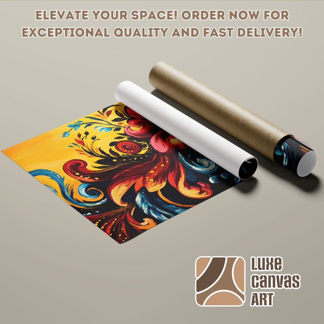 Poster Roll of vibrant floral art, featuring a warm yellow, red, and blue color palette. Elevate your space with this unique art piece!