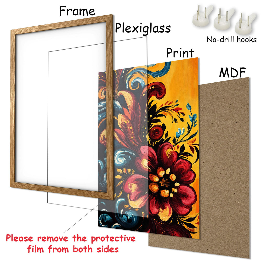 Framed Poster featuring vibrant floral art with a warm yellow and red color palette. Perfect for adding a pop of color to your space!