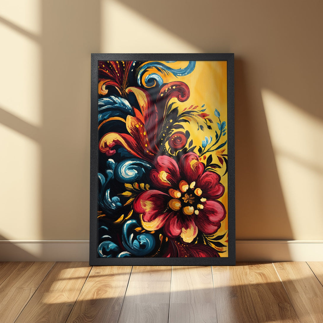 Framed Poster featuring vibrant floral art in red, yellow, and blue hues. Perfect wall decor for a pop of color!