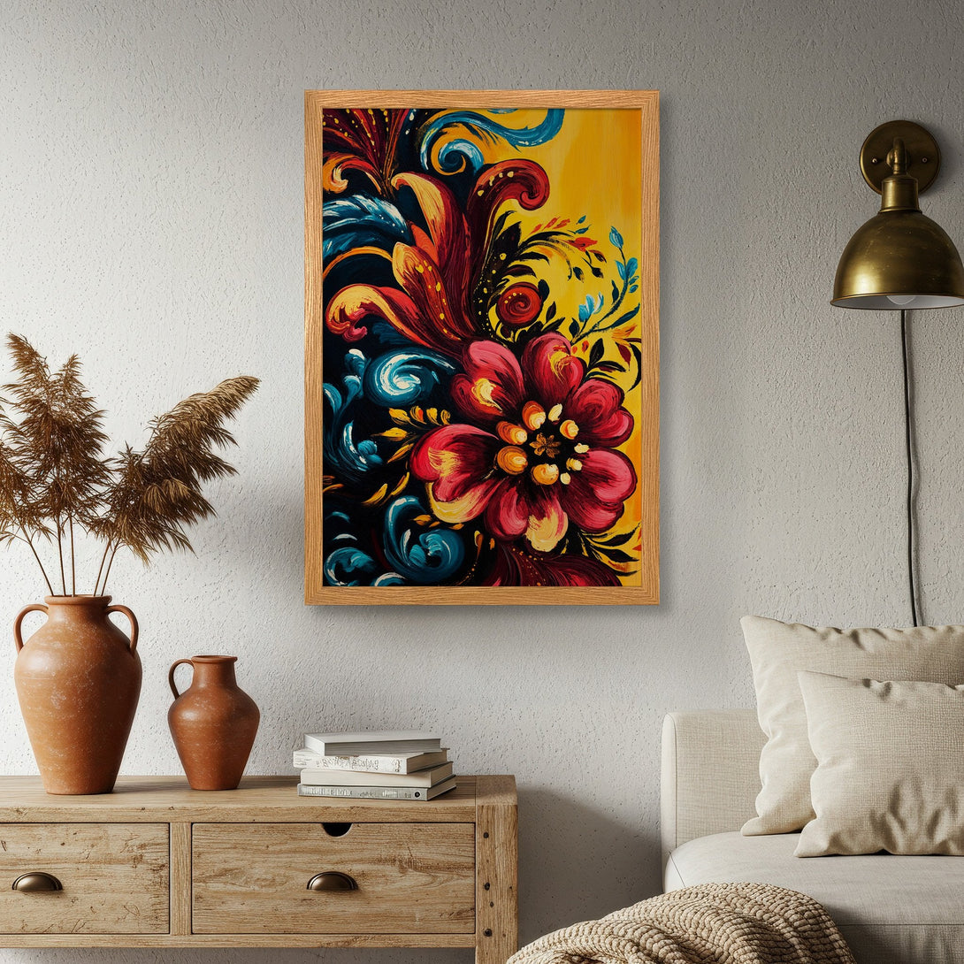 Framed Poster featuring a vibrant floral design in a bold, abstract style with a warm, colorful palette.