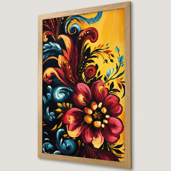 Framed Poster featuring a vibrant floral design in a bold, painterly style. Rich red, yellow, and blue color palette. Perfect wall art!