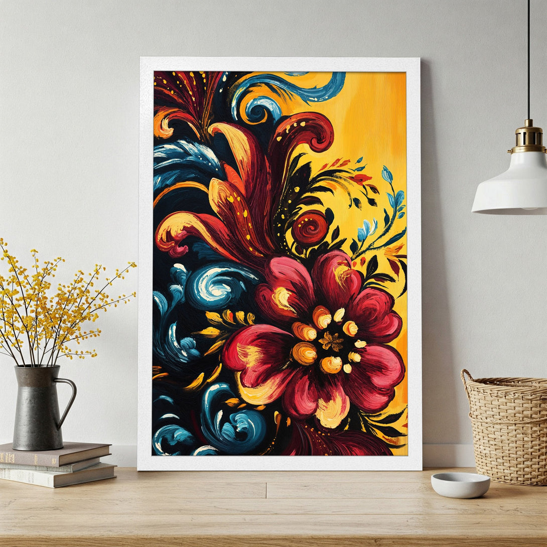 Framed Poster featuring a vibrant floral design in a bold, expressive style with red, yellow, and blue hues. Perfect wall art!