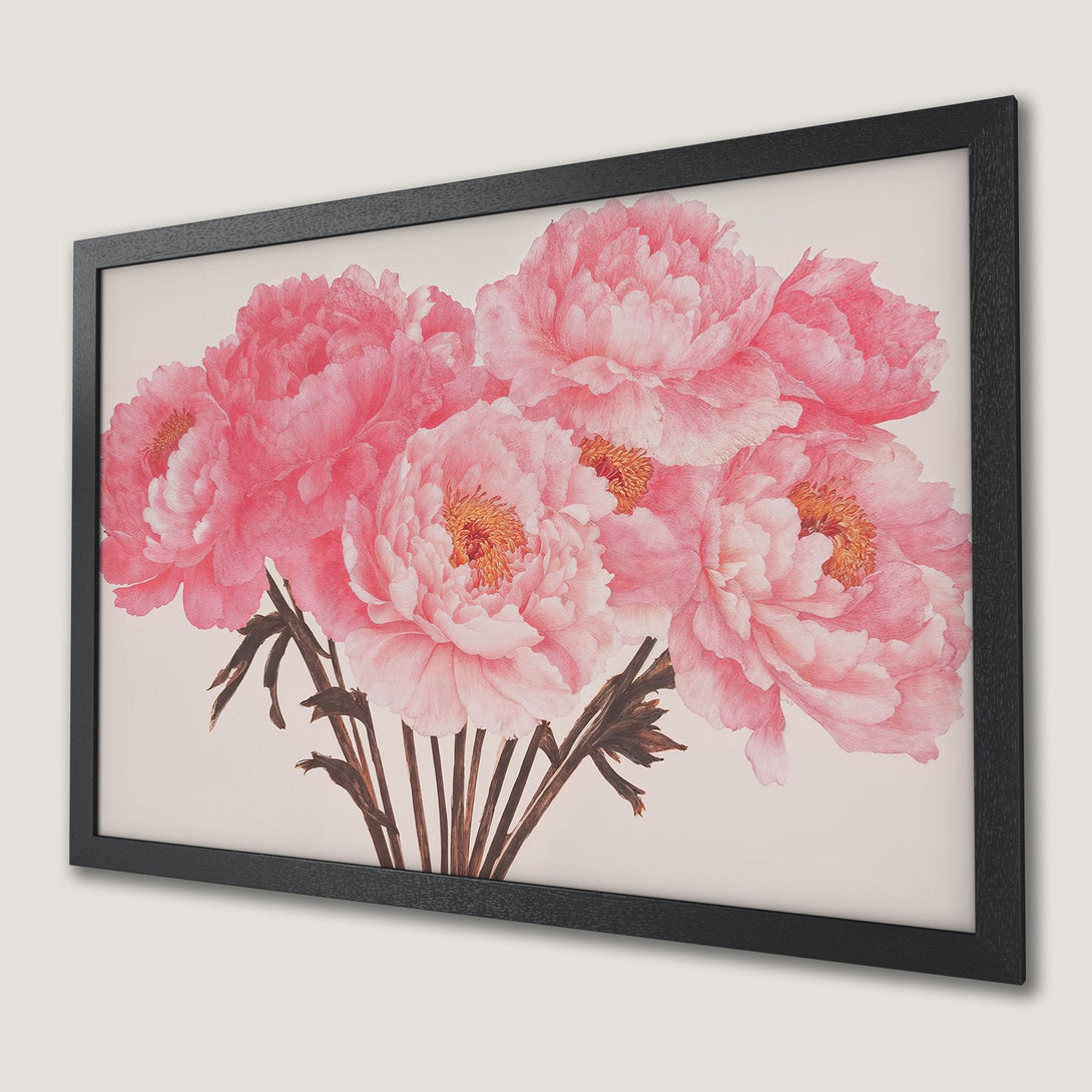 Framed Poster featuring watercolor peonies in pink hues. Elegant art print for home decor.