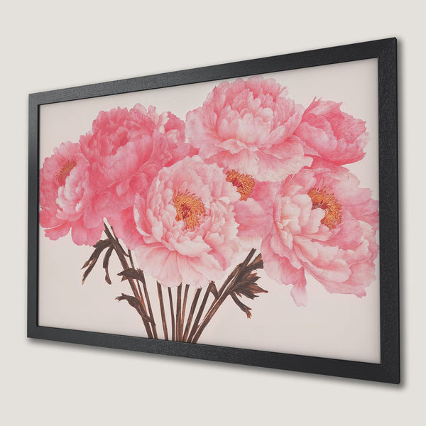 Framed Poster featuring watercolor peonies in pink hues. Elegant art print for home decor.