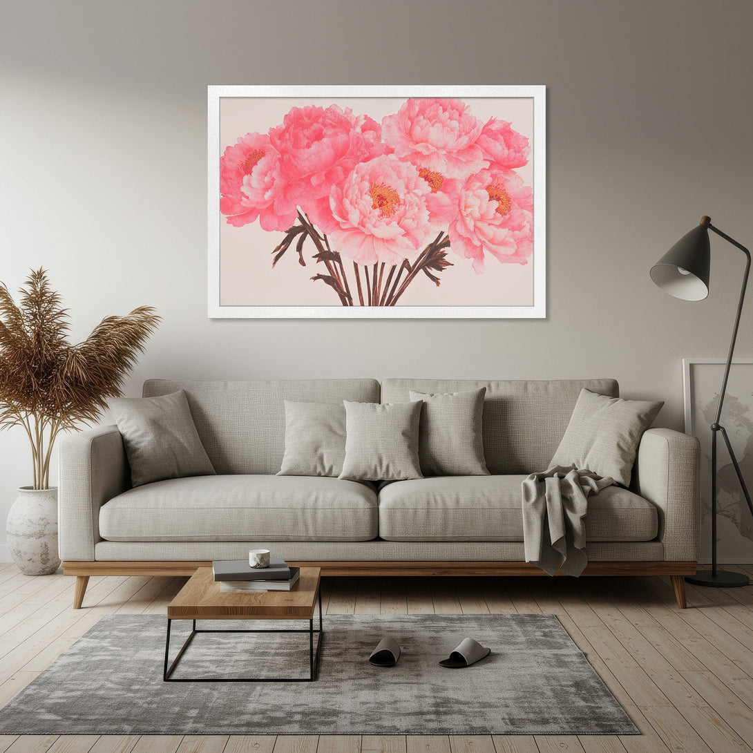 Framed Poster featuring pink peony flowers in a watercolor style. Soft, romantic art with a neutral color palette. Perfect home decor.