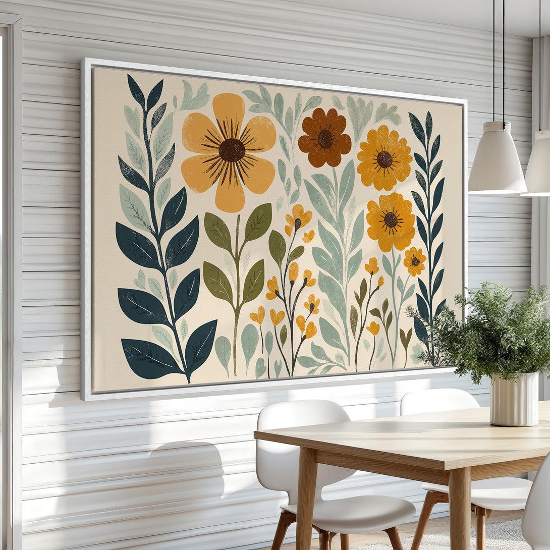Framed Wall Art: Floral canvas print in a modern style with a warm color palette. Perfect for adding a touch of nature to your home decor.