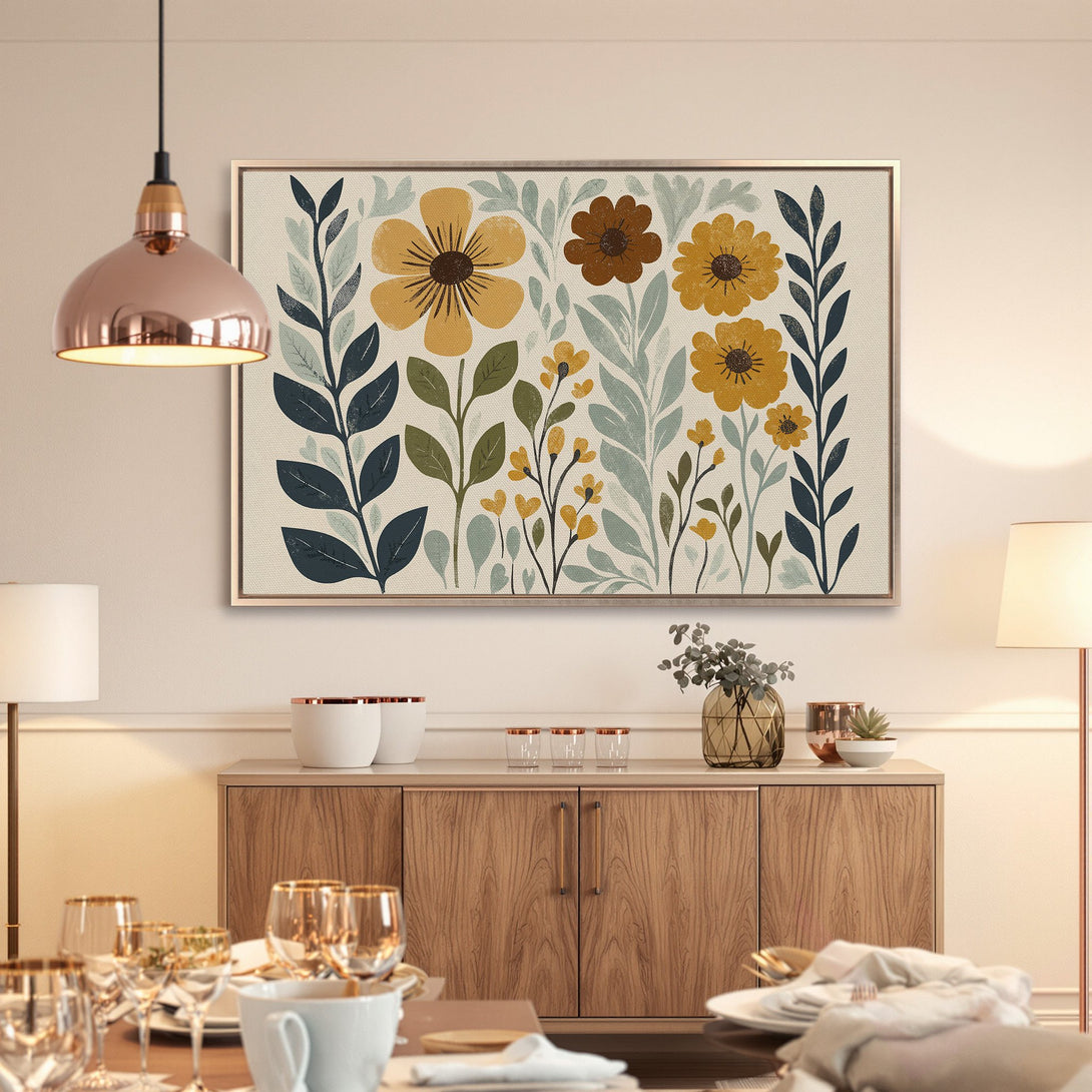Framed Wall Art: Floral print in a modern style with a warm, neutral color palette. Perfect for adding a touch of nature to your home decor.