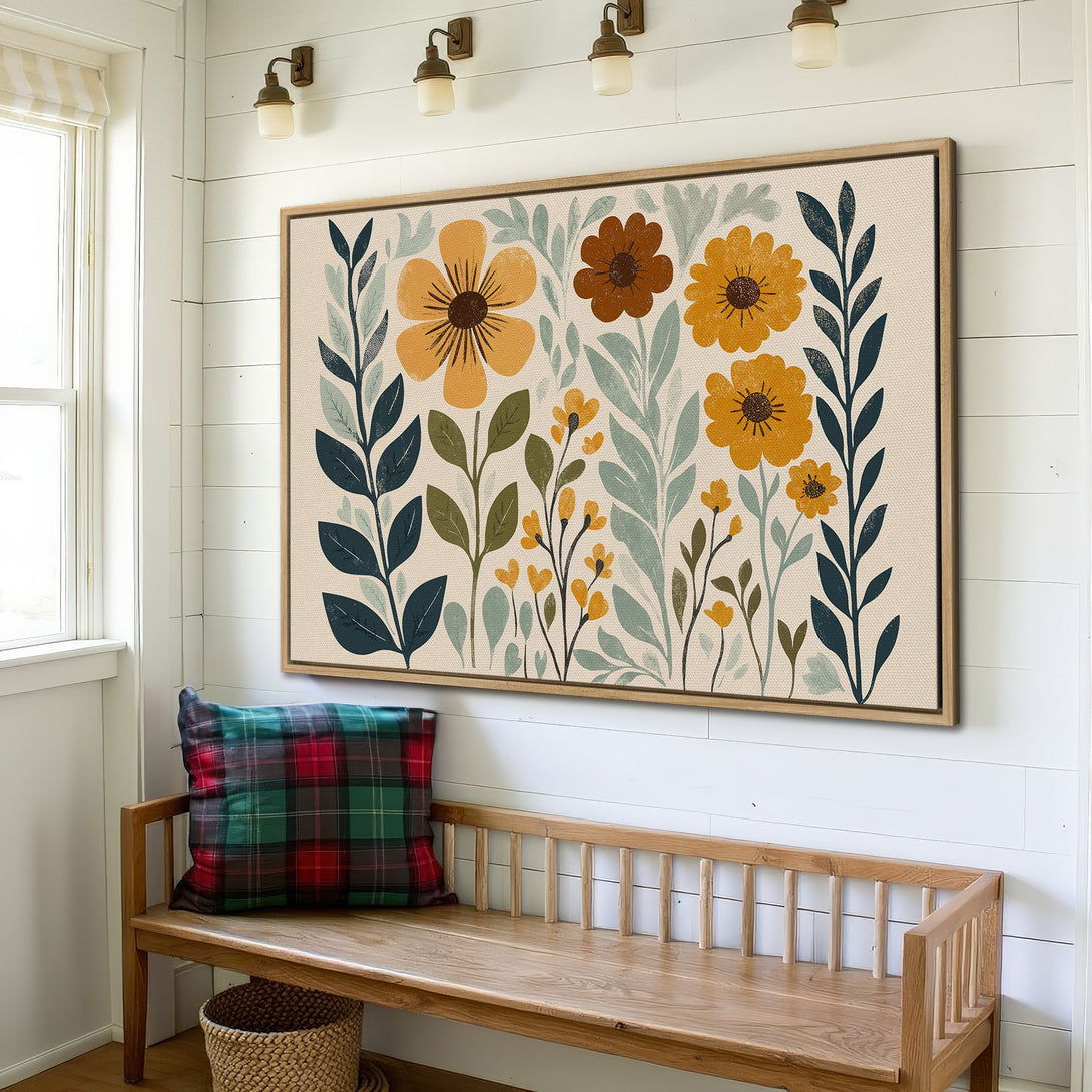 Framed Wall Art featuring a floral design in a farmhouse interior. Earthy tones of yellow, brown, and green create a warm, inviting aesthetic.