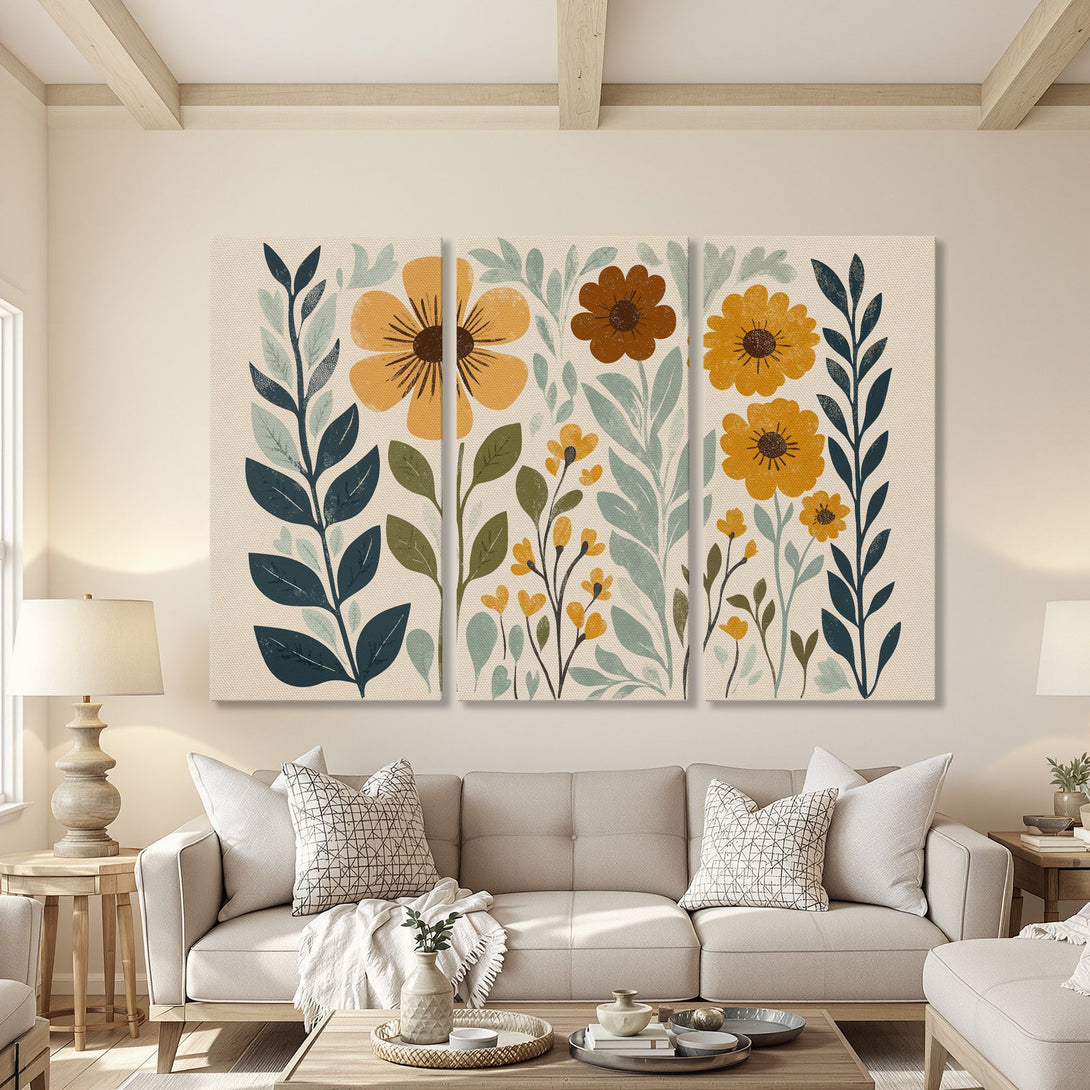 Canvas Print featuring floral artwork in a modern, botanical style. Warm color palette with yellows, browns, and greens. Perfect wall art for any living room.