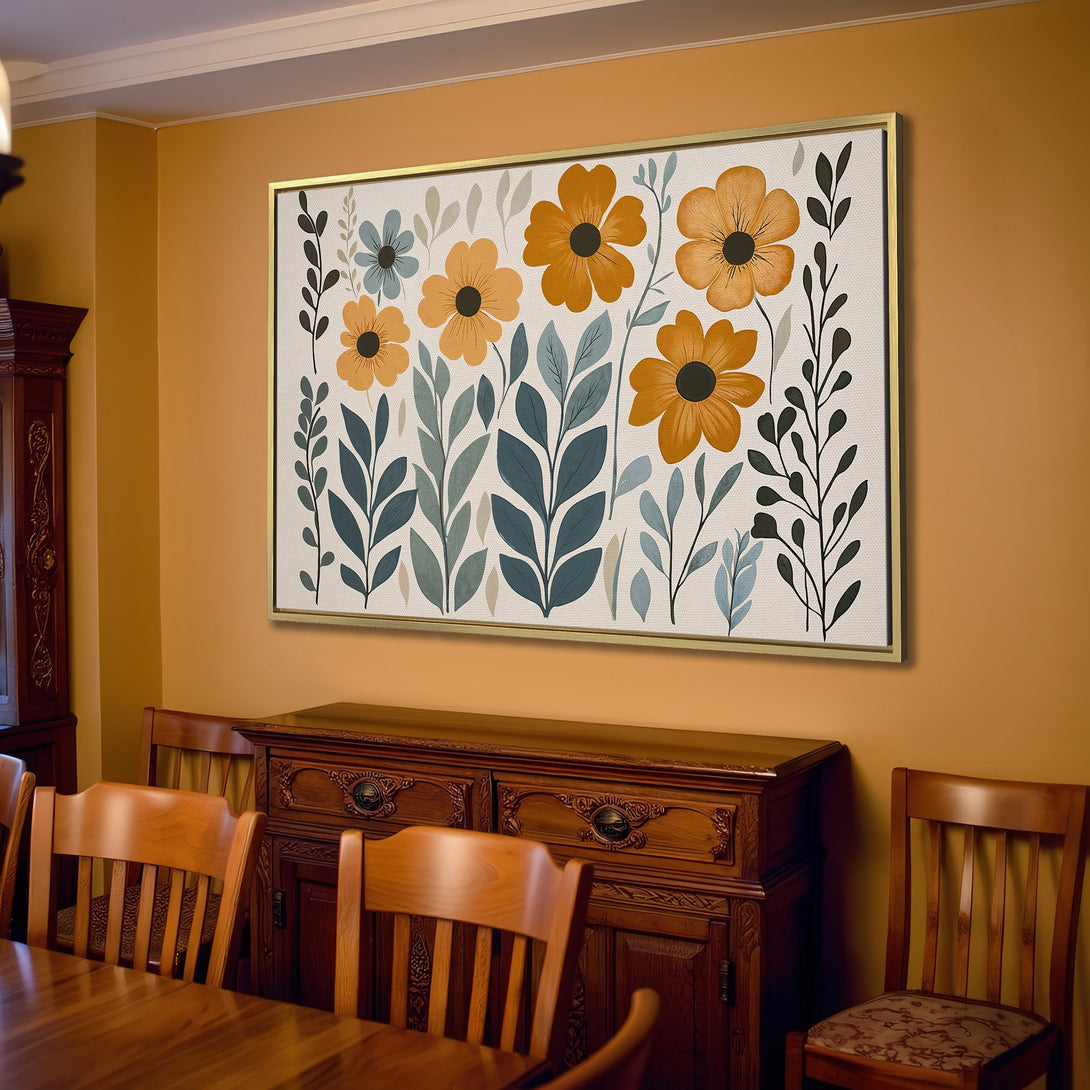 Canvas Print featuring a floral design in warm tones. Modern botanical art with a calming color palette of orange, blue, and green. Perfect for home decor.