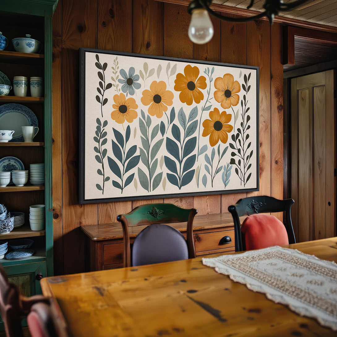 Framed Wall Art featuring a floral design in a warm, inviting interior. Earthy tones of yellow, blue, and green create a cozy, stylish aesthetic.