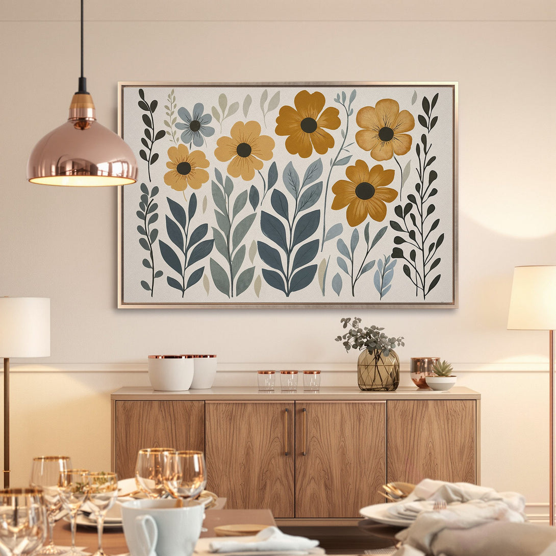 Framed Wall Art featuring a floral design in warm yellow and blue hues, perfect for adding a touch of modern style to your home.