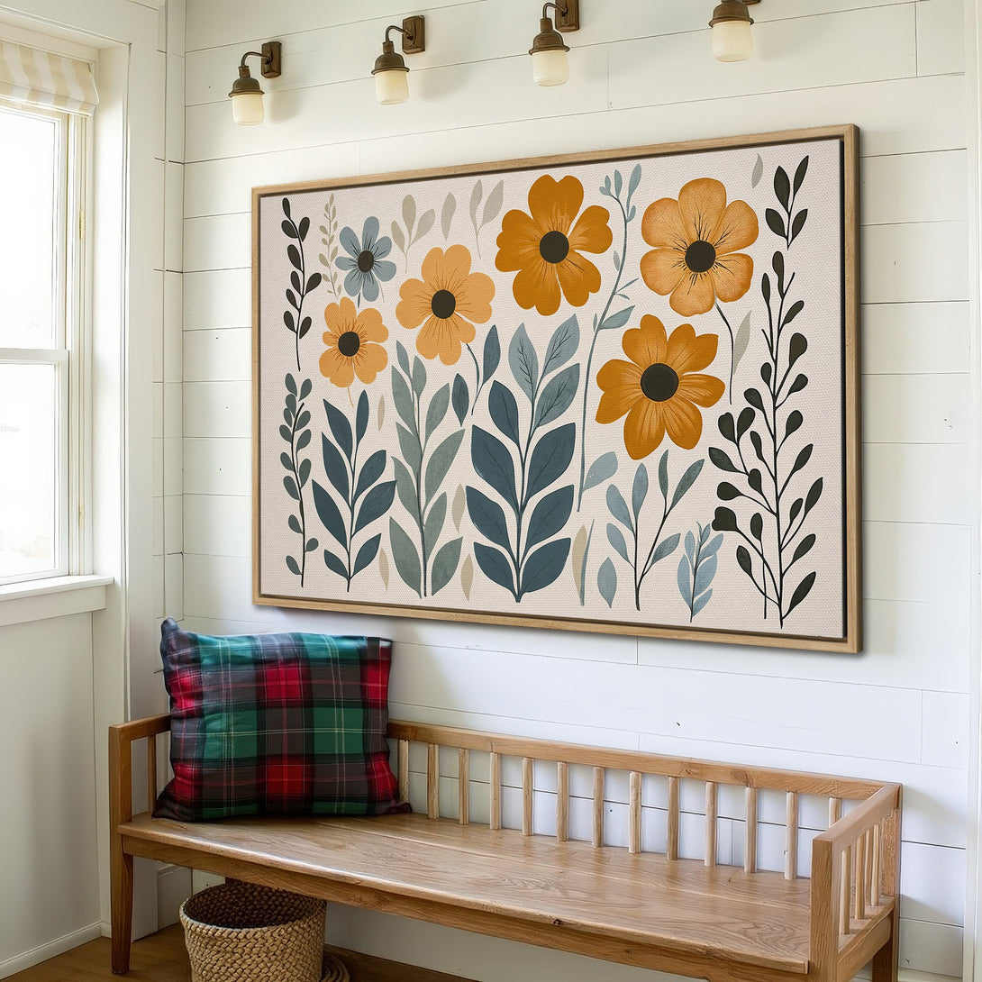Framed Wall Art featuring a floral design in mustard yellow, teal, and black. Modern botanical style canvas print adds a touch of warmth to any space.