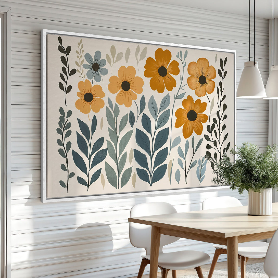 Framed Wall Art: Floral print in warm tones. Modern botanical Canvas Print with yellow, blue, and green hues. Perfect for adding a touch of nature to your home.