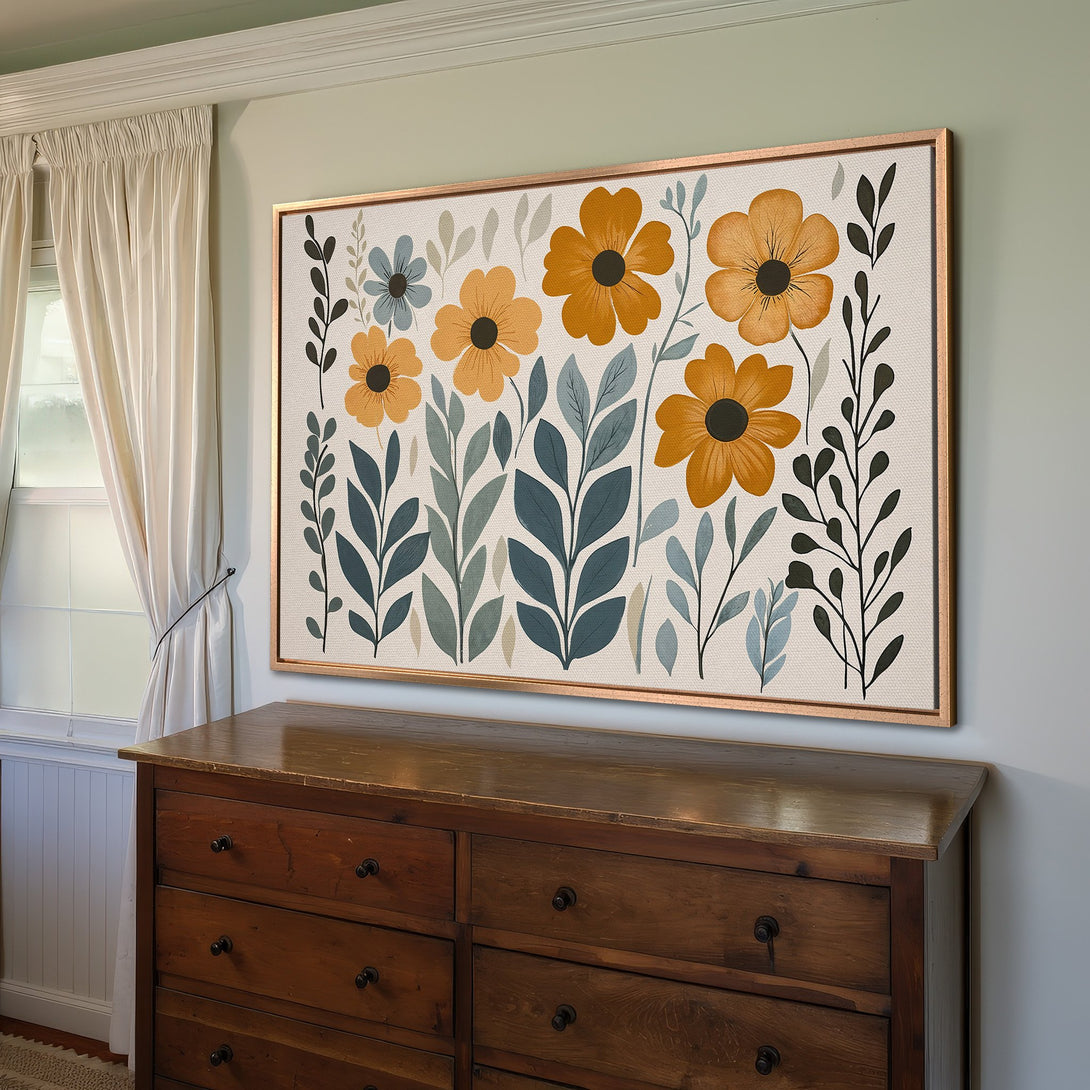 Framed Wall Art featuring a floral design in a modern style, with a warm color palette of yellow, blue, and green. Perfect for home decor.