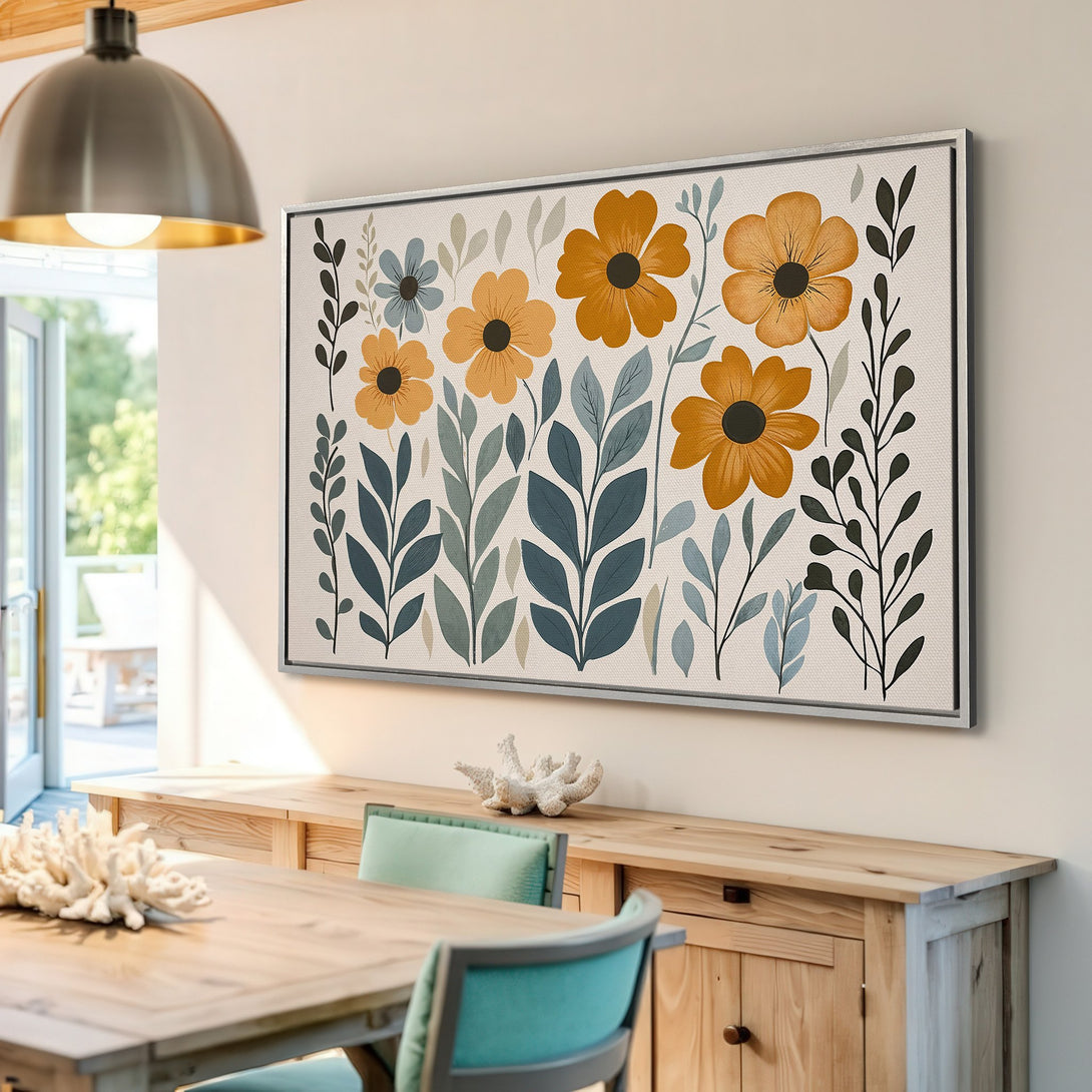 Framed Wall Art featuring a floral design in a modern style. Warm mustard, blue, and green palette. Perfect for adding a touch of nature to your home!