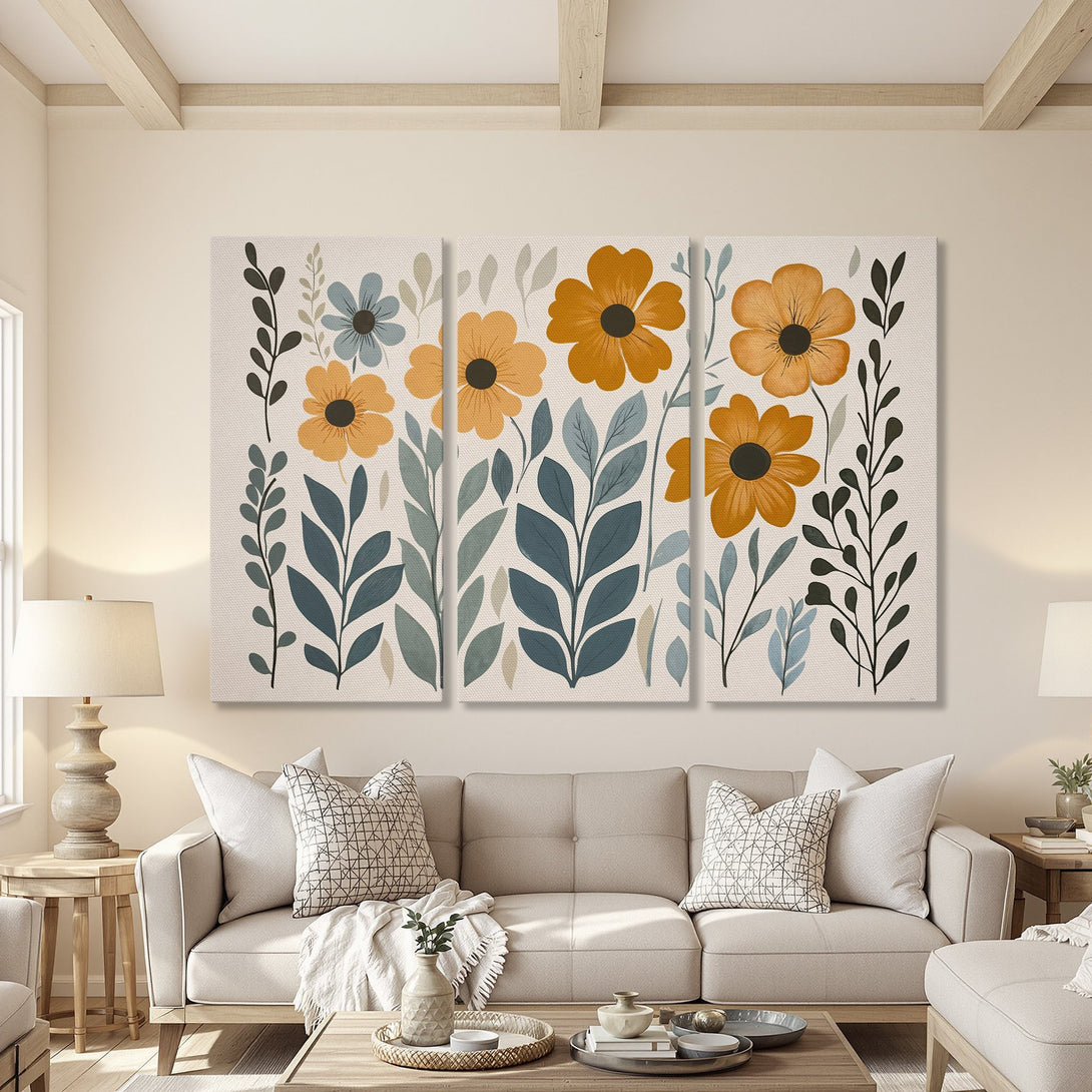 Canvas Print of floral art in a modern style, featuring warm yellow and blue tones. Perfect wall decor for a cozy living room.
