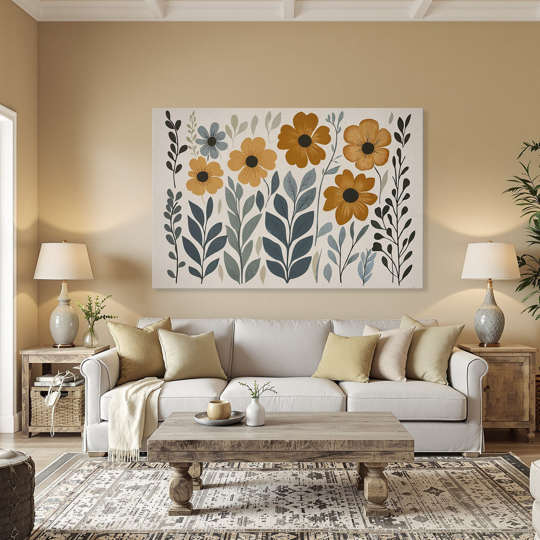 Framed Wall Art: Floral Canvas Print in warm tones. Features stylized flowers in mustard yellow, blue-green, and black. Perfect for adding a touch of nature.
