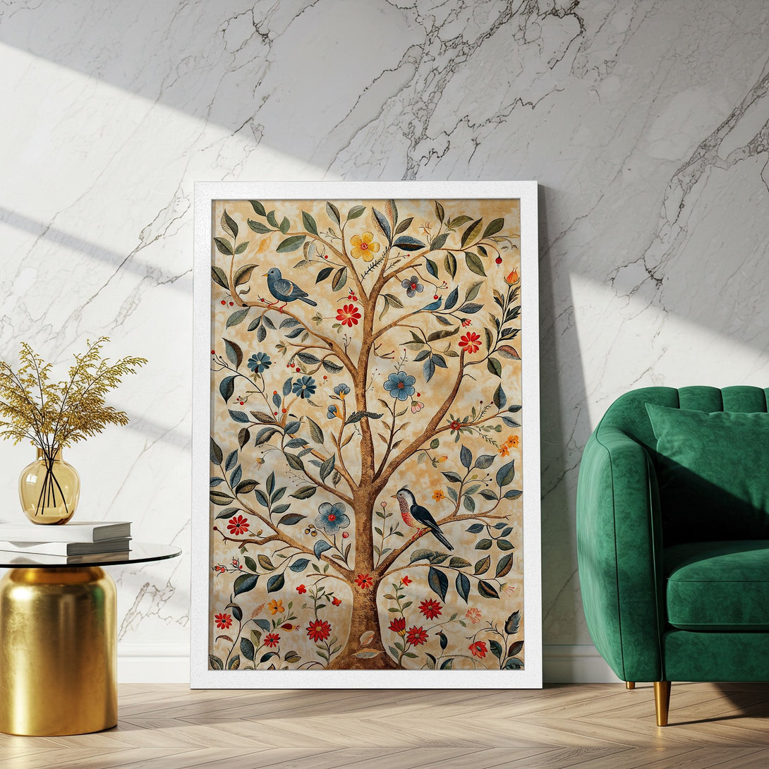 Framed Poster featuring a whimsical tree with birds, in a vintage style, with warm earthy tones and pops of red and blue.
