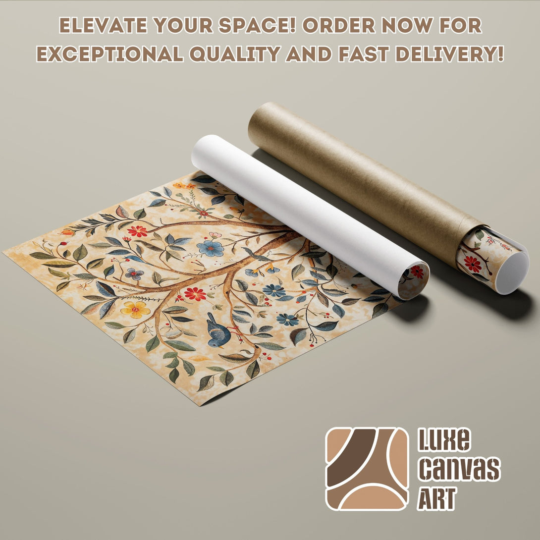 Poster Roll featuring a botanical illustration in a vintage style, warm color palette. Order your art today!