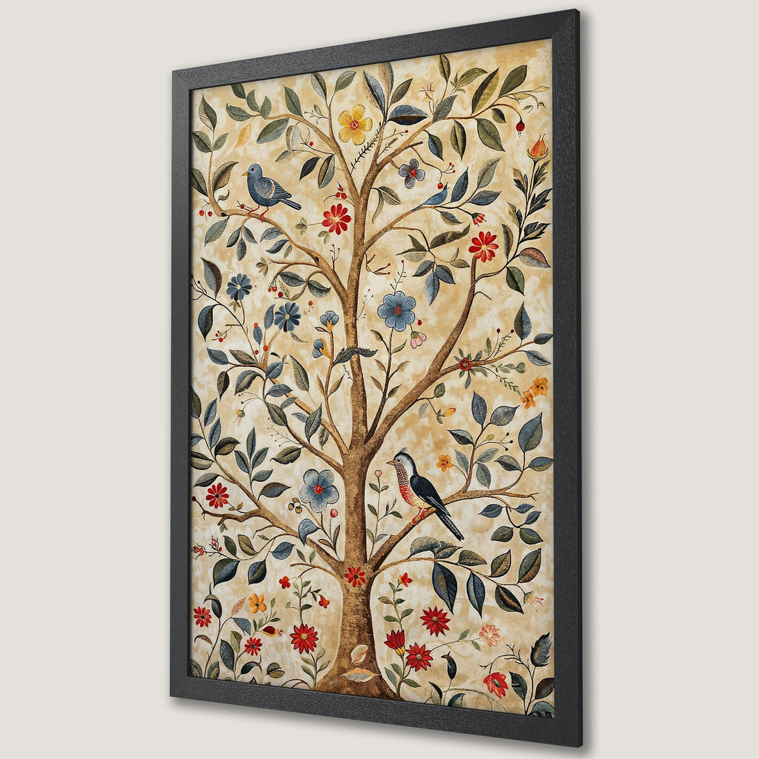 Framed Poster featuring a whimsical tree with birds and flowers. Vintage style, warm beige, red, and blue color palette. Perfect wall art.