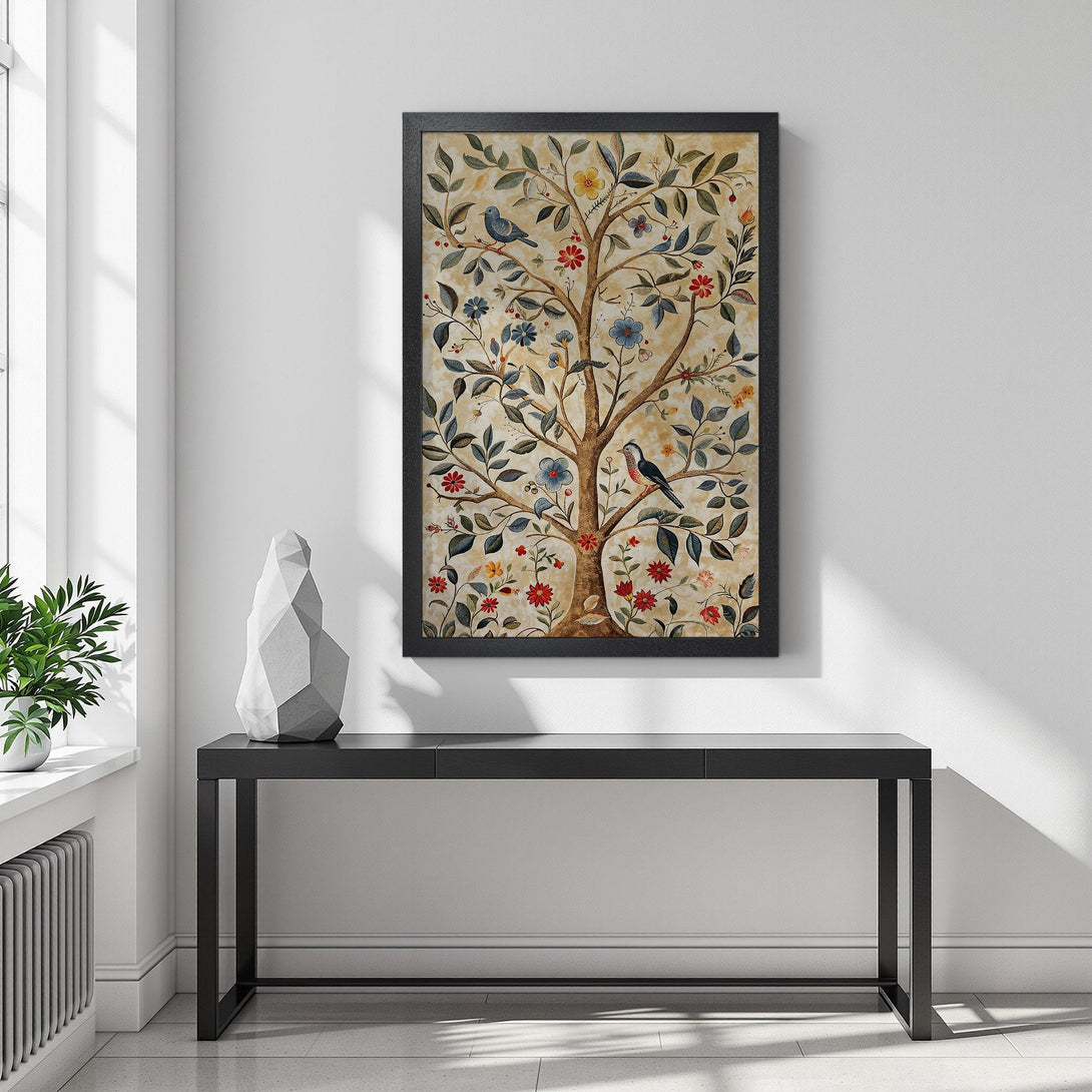 Framed Poster featuring a whimsical tree design with birds and flowers, in a warm, neutral color palette. Perfect wall art!