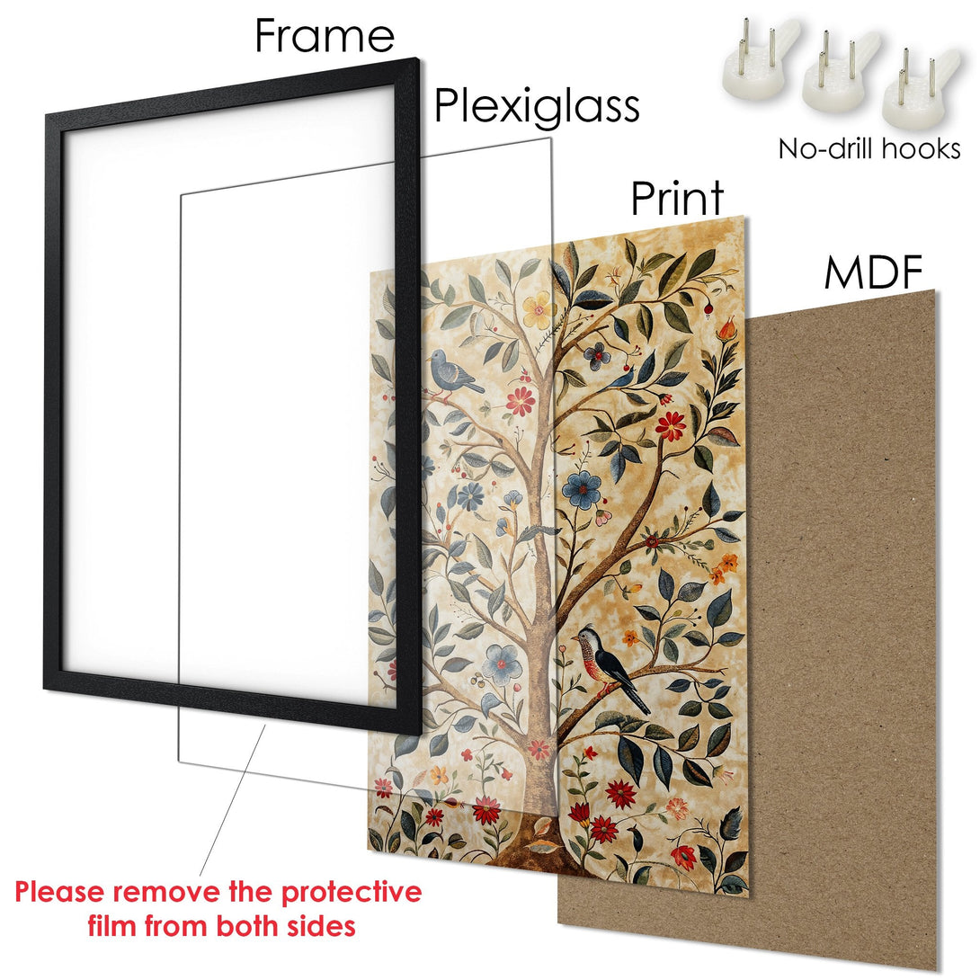 Framed Poster featuring a tree with birds, in a vintage style with a warm, earthy color palette. Perfect wall art!