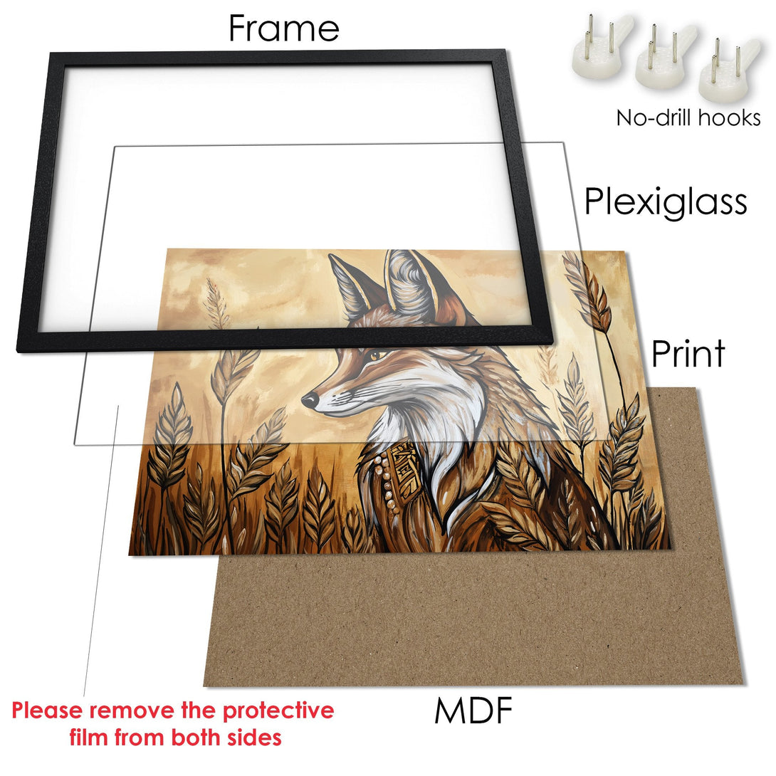 Framed Poster featuring a fox in a warm, earthy color palette. Rustic art style, perfect for home decor. Shop now!