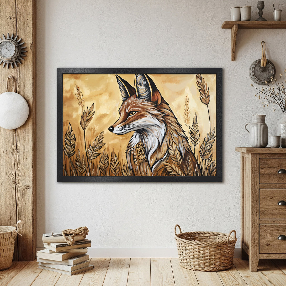 Framed Poster featuring a fox in a field, warm earth tones, and a rustic style. Perfect for home decor!