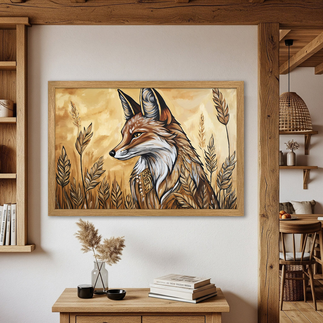 Framed Poster featuring a fox in a warm, earthy color palette. Rustic art print perfect for home decor.