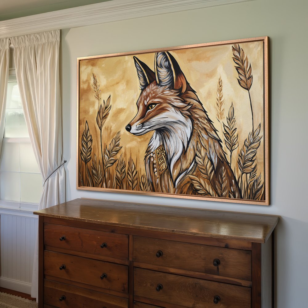 Framed Wall Art: Majestic fox portrait in warm earth tones. Stunning canvas print for rustic, modern home decor. Shop now!