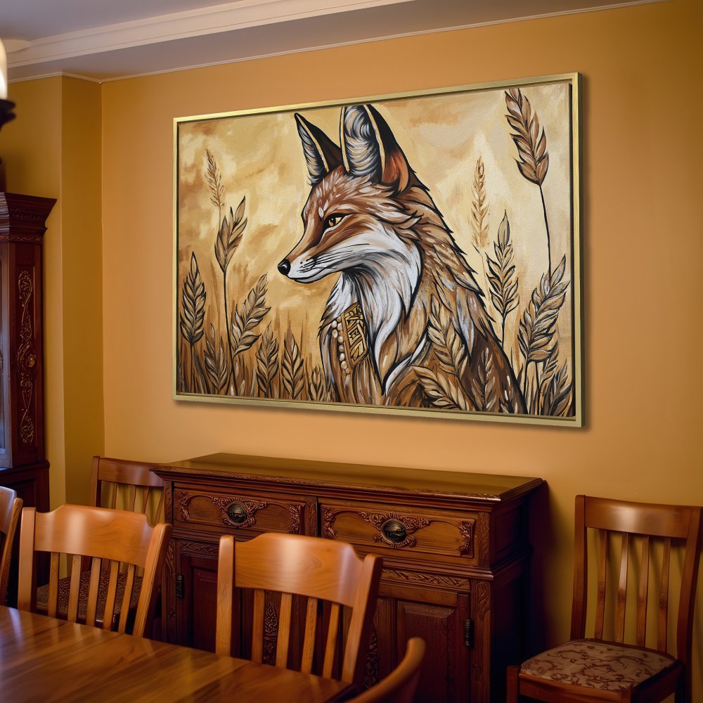 Canvas Print featuring a majestic fox in earthy tones. Perfect wall art for a cozy living room!