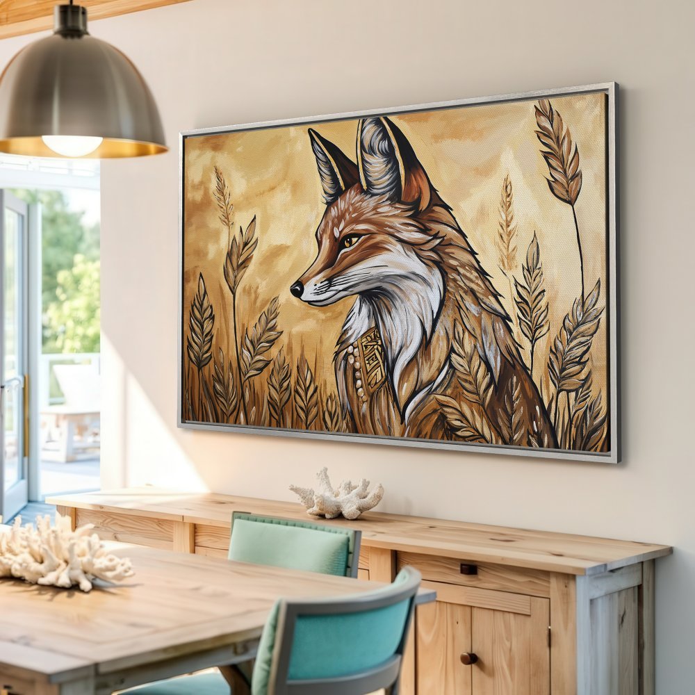 Framed Wall Art featuring a fox in a field, warm earth tones. Rustic, boho style Canvas Print for home decor.
