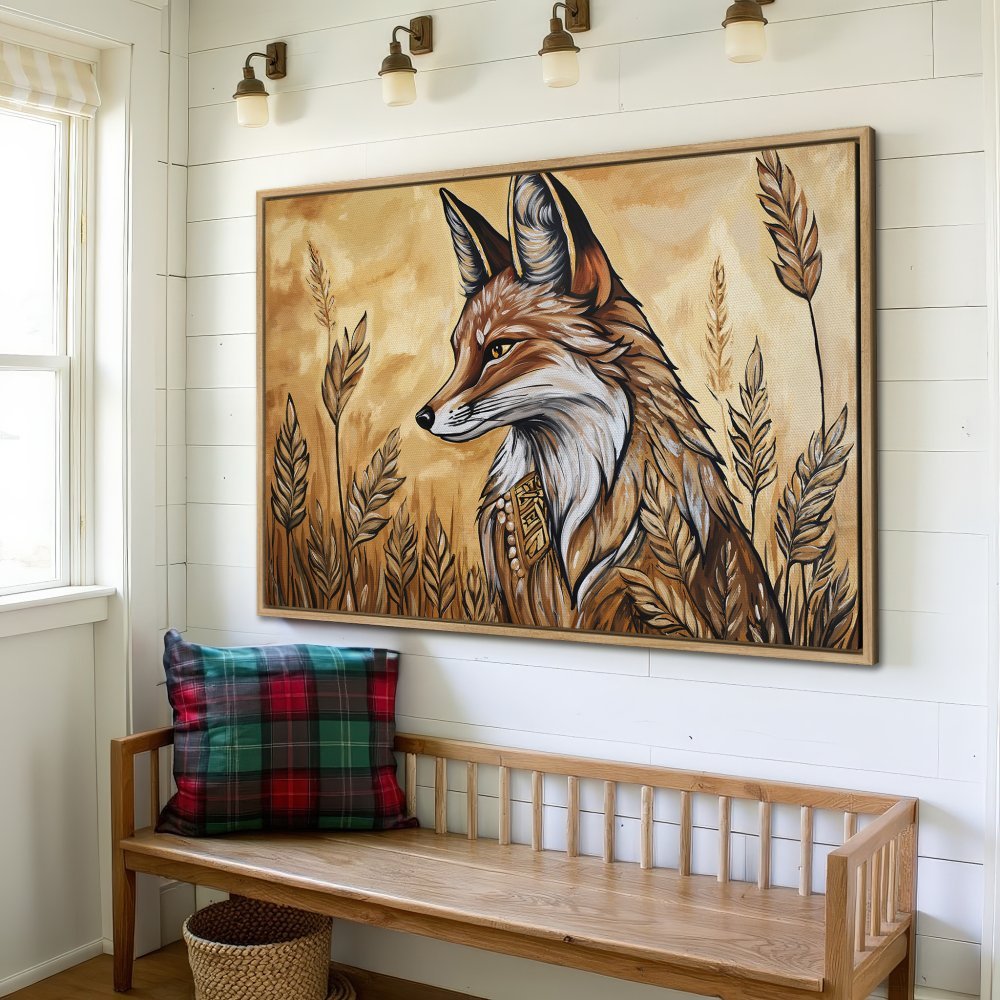 Framed Wall Art: Majestic fox portrait in warm earth tones. Rustic style canvas print adds a touch of nature to your home decor.