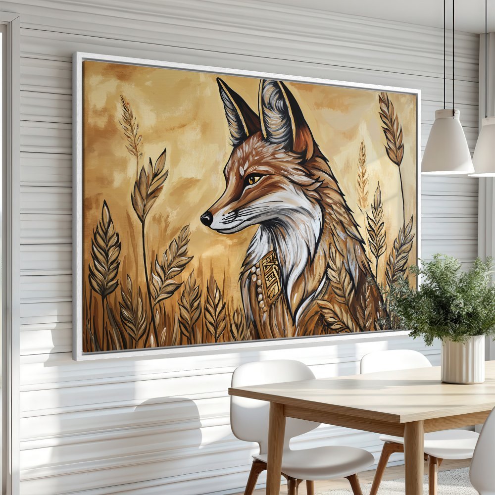 Framed Wall Art featuring a majestic fox in a field, warm earthy tones. Enhance your space with this stunning canvas print!