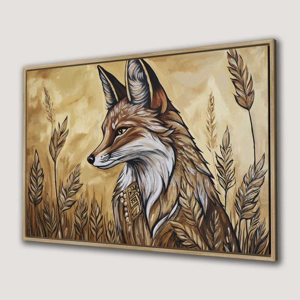 Framed Wall Art featuring a majestic fox in a field, earthy tones of brown and gold. Perfect for rustic home decor. Canvas Print.