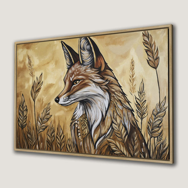 Framed Wall Art featuring a majestic fox in a field, earthy tones of brown and gold. Perfect for rustic home decor. Canvas Print.