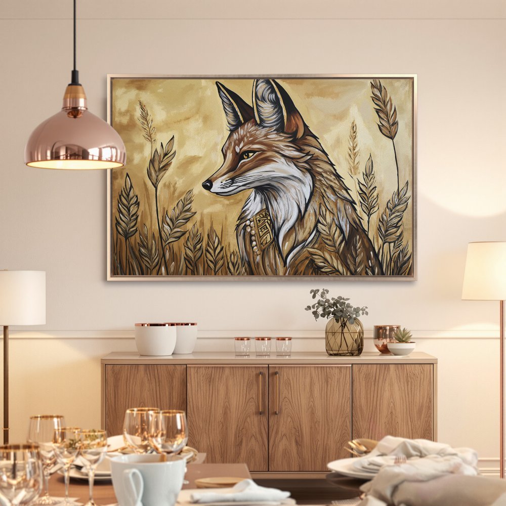 Framed Wall Art: Majestic fox portrait in warm brown and gold tones. Modern art canvas print perfect for any room. Shop now!