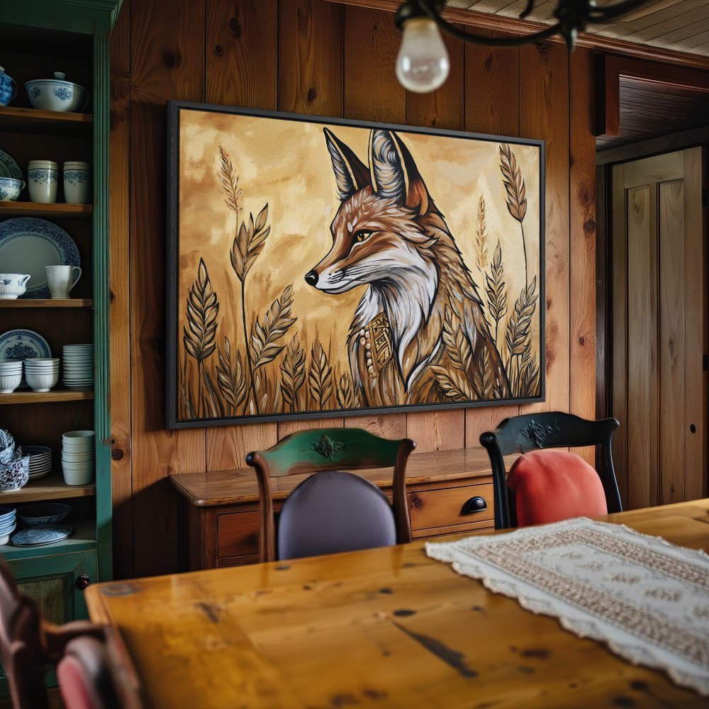 Framed Wall Art: Rustic fox portrait in warm earth tones. Add a touch of nature to your home with this stunning canvas print!