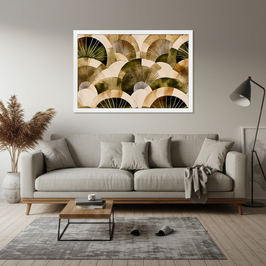 Framed Poster featuring abstract fan design in earthy tones. Perfect wall art to elevate your living room decor!