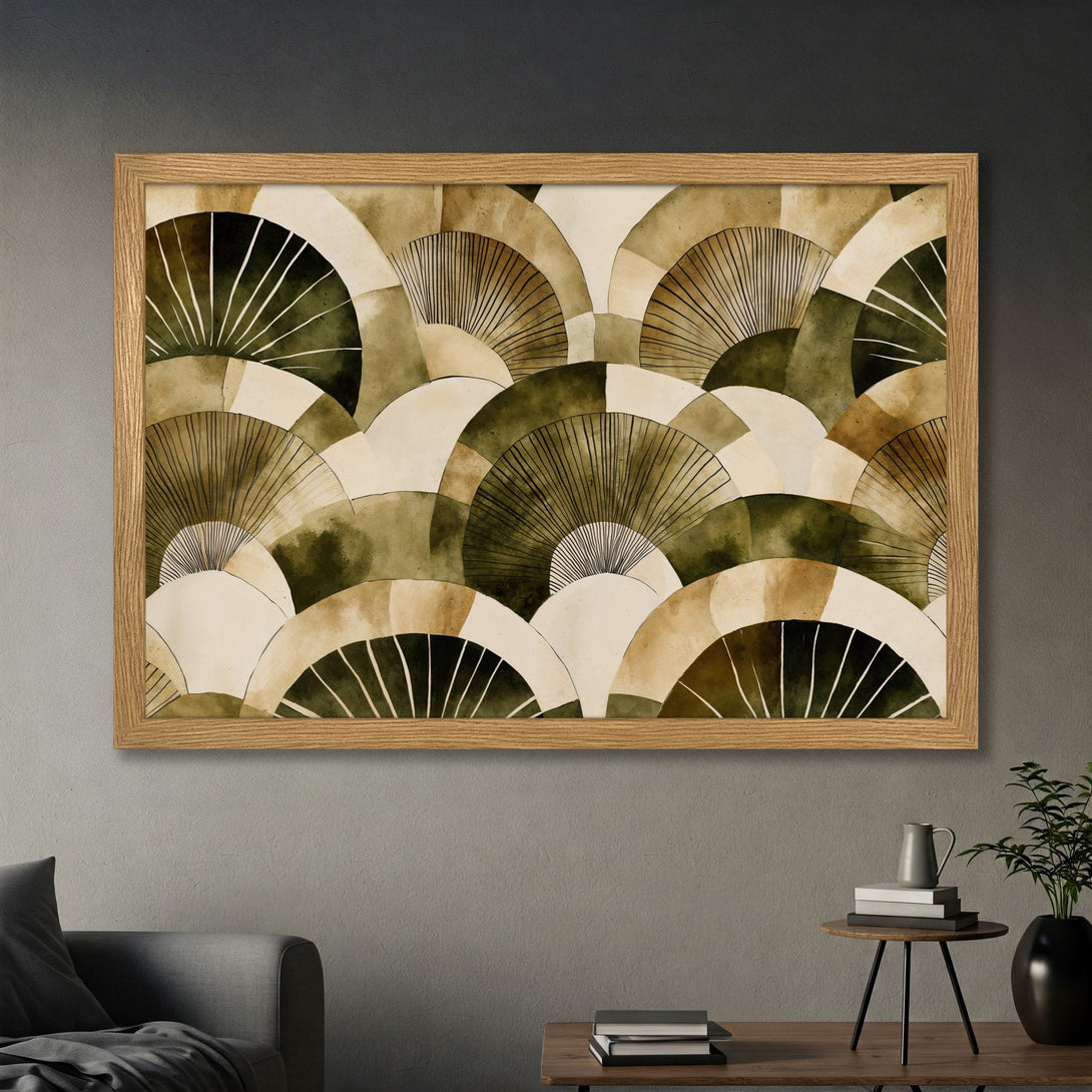 Framed Poster featuring an abstract watercolor design in earthy tones of green, beige, and brown. Perfect art for modern home decor.