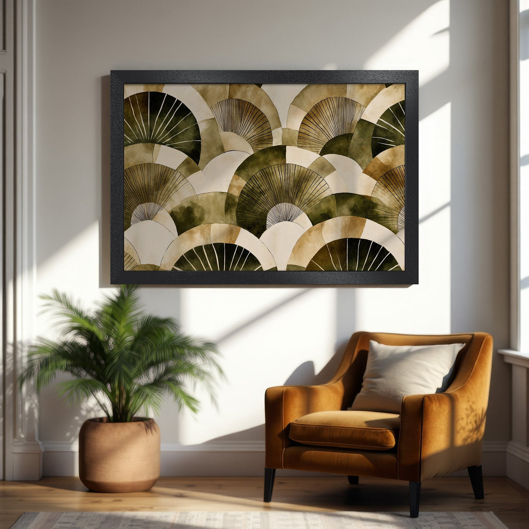 Framed Poster featuring abstract fan design in earthy tones. Modern art print for home decor.