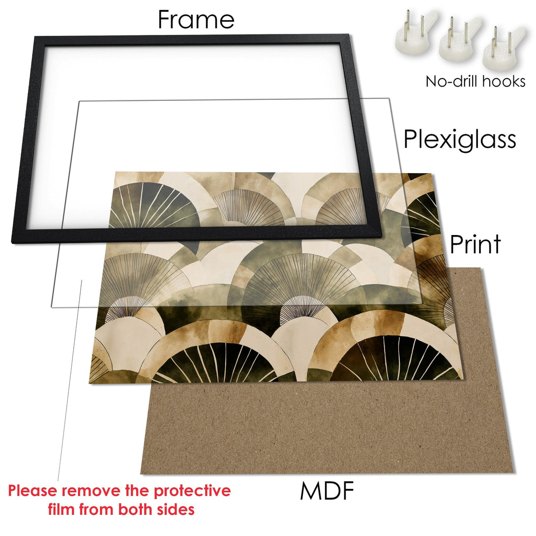 Framed Poster featuring abstract fan design in neutral tones. Perfect wall art for any space!