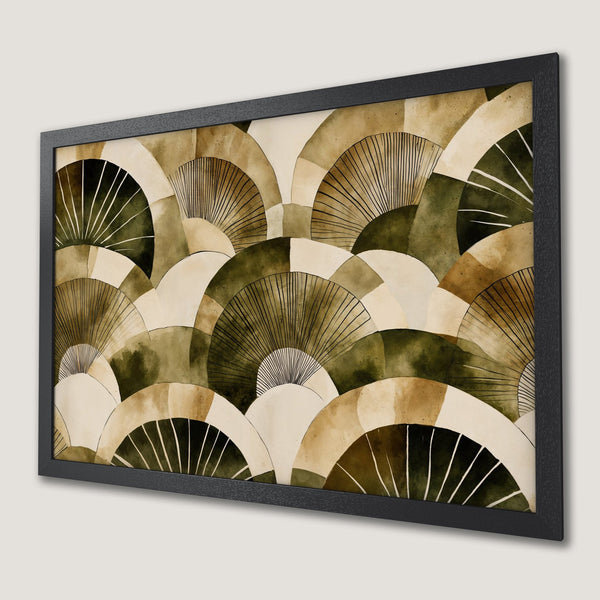 Framed Poster featuring an abstract watercolor design in earthy tones of green, beige, and brown. Perfect art for any space.